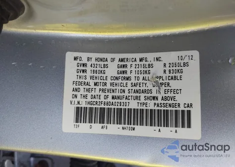 2013 Honda Accord Ex-L from USA, damaged, VIN 1HGCR2F88DA029307